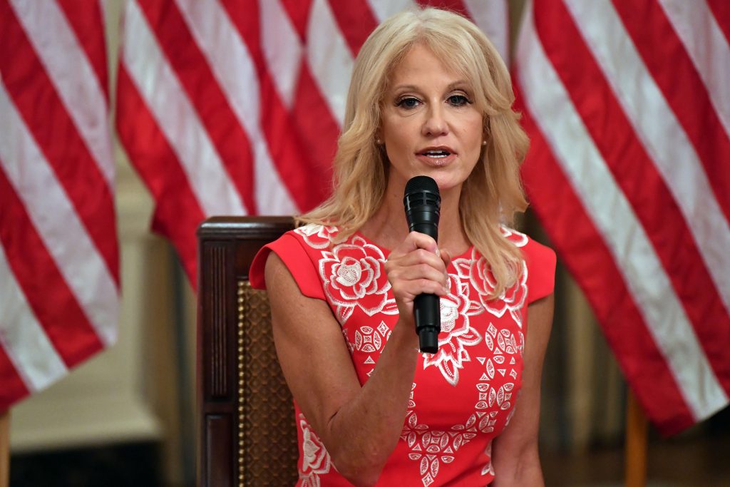Counselor to the President Kellyanne Conway speaks during the "Getting America's Children Safely Back to School" event in the State Room of the white House in Washington, DC, on August 12.